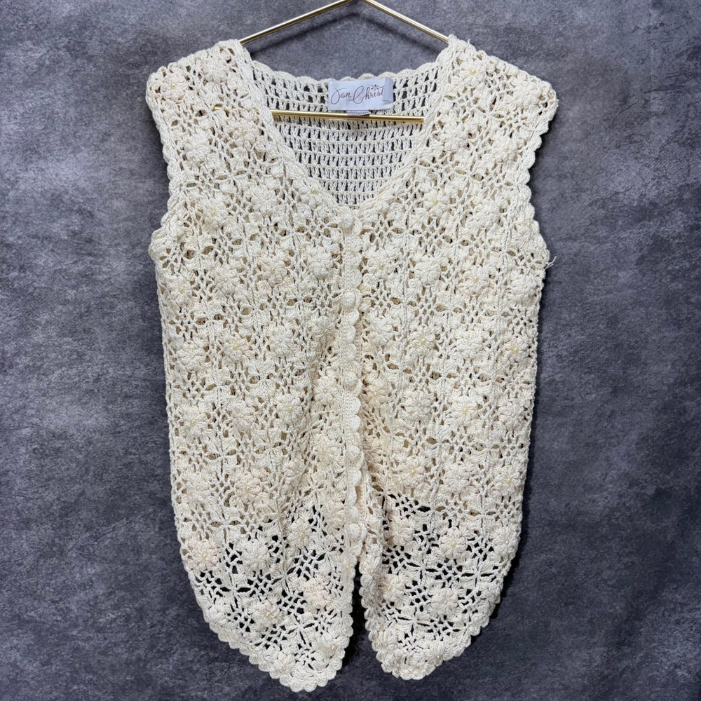 Vintage 90s Jon Christy Crochet Floral Lace Vest Size M Cream Pearl Cottagecore